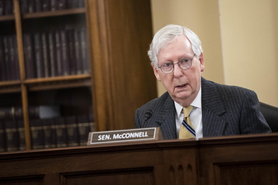 Senate Minority Leader Mitch McConnell, a Republican from Kentucky, speaks during a Senate Rules Committee Hearing on the For The People Act in the Russell Senate Office Building on Capitol Hill in Washington, D.C., U.S., on Wednesday, March 24, 2021. (Sarah Silbiger/Bloomberg via Getty Images)