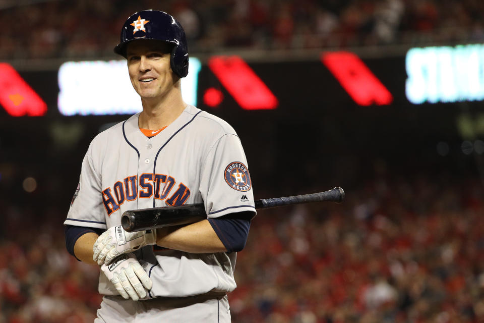 WASHINGTON, DC - OCTOBER 25: Zack Greinke #21 of the Houston Astros bats against the Washington Nationals in Game Three of the 2019 World Series at Nationals Park on October 25, 2019 in Washington, DC. (Photo by Patrick Smith/Getty Images)