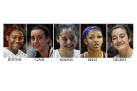 FILE - From left are NCAA college basketball women's players Aliyah Boston, South Carolina; Caitlin Clark, Iowa; MacKenzie Holmes, Indiana; Angel Reese, LSU and Maddy Siegrist, Villanova. Aliyah Boston was honored for the third straight year as an All-American by The Associated Press on Wednesday, March 15, 2023. Boston was joined on the first team by Iowa's Caitlin Clark, Villanova's Maddy Siegrist, LSU's Angel Reese and Indiana's Mackenzie Holmes. (AP Photo/File)