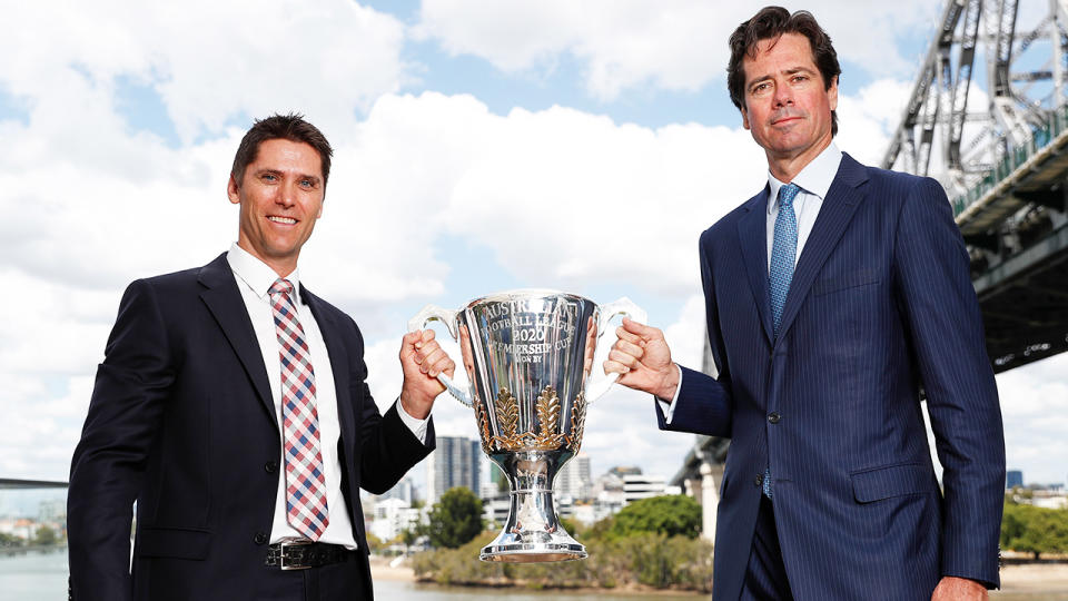 Simon Black and AFL boss Gillon McLachlan are pictured at the launch of the 2020 AFL Finals.