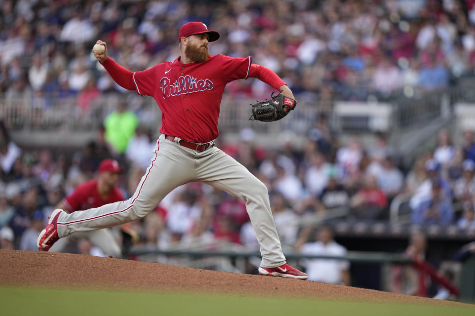 Philadelphia Phillies starting pitcher Dylan Covey delivers in the first inning of a baseball game against the Atlanta Braves, Sunday, May 28, 2023, in Atlanta. (AP Photo/Brynn Anderson)