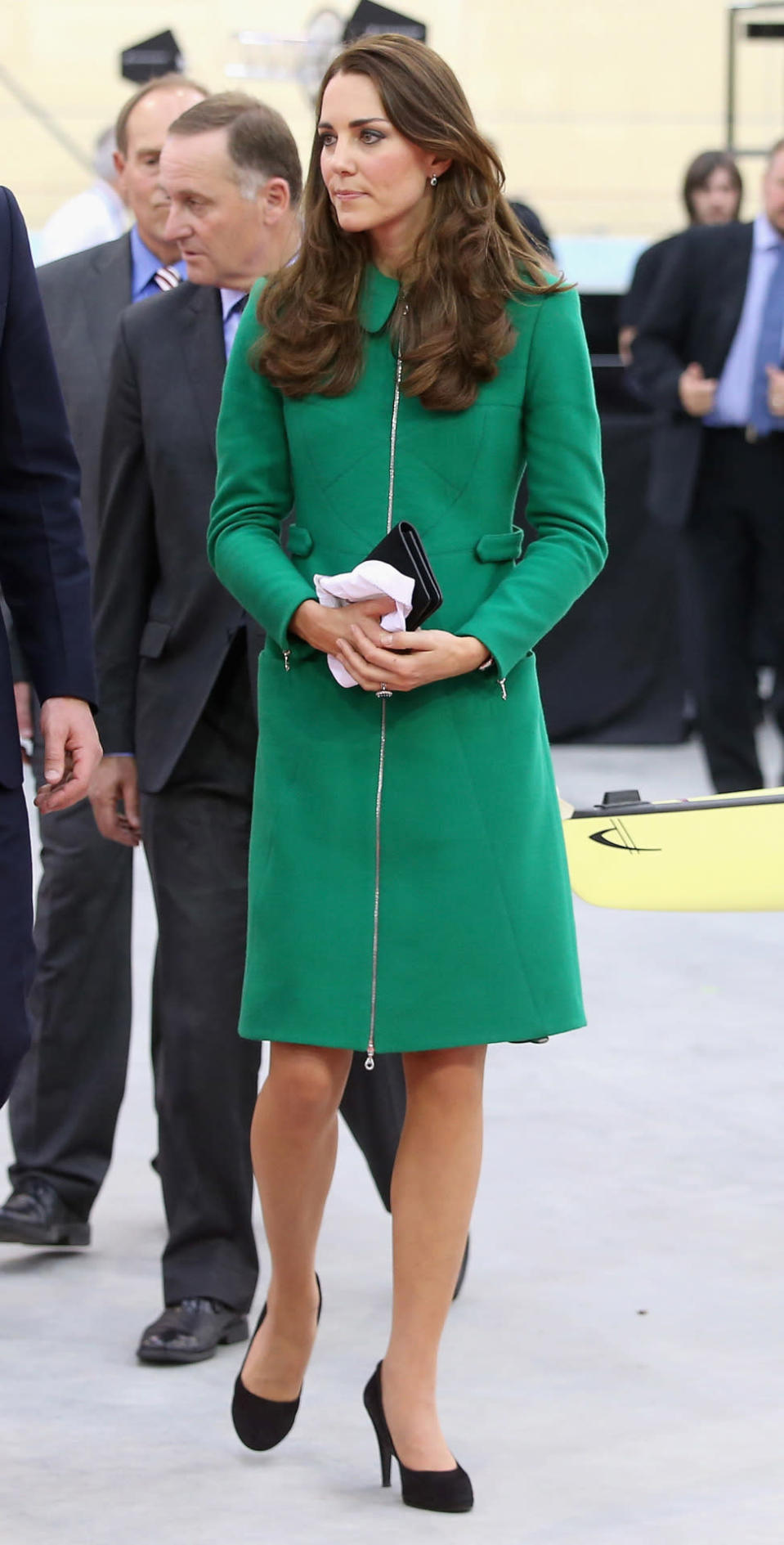 <p>Another day in New Zealand saw Kate in a green Erdem coat. She teamed the look with Episode heels and her trusty black Mulberry clutch.</p><p><i>[Photo: PA]</i></p>