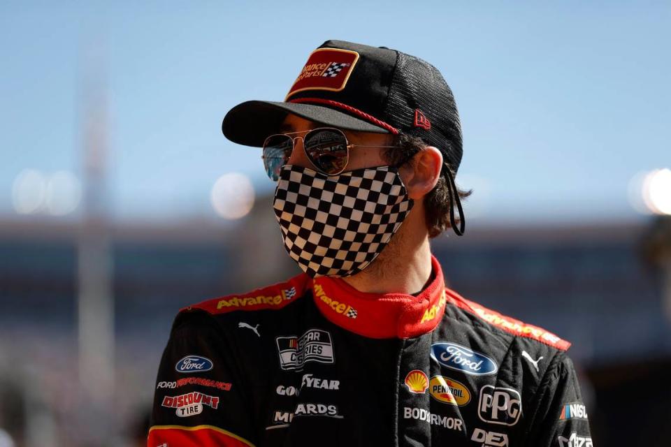 BRISTOL, TENNESSEE - MARCH 29: Ryan Blaney, driver of the #12 Advance My Track Challenge Ford, waits on the grid prior to the NASCAR Cup Series Food City Dirt Race at Bristol Motor Speedway on March 29, 2021 in Bristol, Tennessee. (Photo by Chris Graythen/Getty Images)