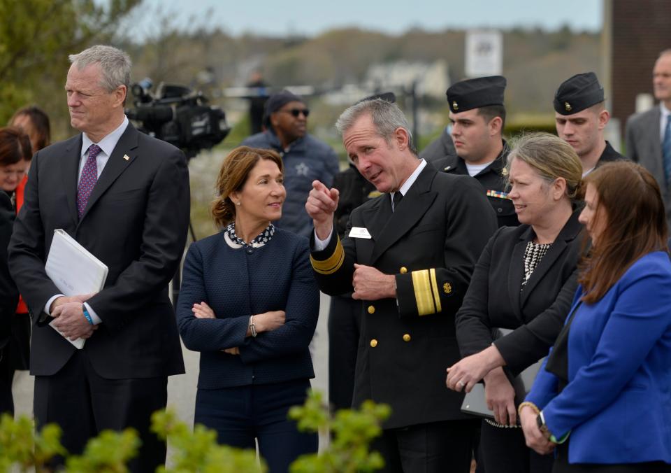Gov. Charlie Baker, left and Lt. Gov. Karyn Polito, second from left, talk with Massachusetts Maritime Academy President Francis McDonald, center, during a wind life raft crew demonstration Tuesday afternoon. To see more photos, go to www.capecodtimes.com/news/photo-galleries.
