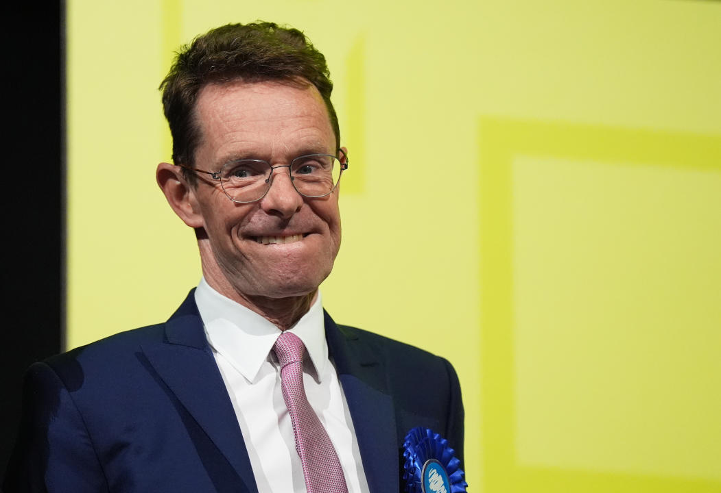 Defeated Conservative Andy Street listens to Labour's Richard Parker speaking as he is elected as the new Mayor of West Midlands, following the count at the International Convention Centre in Birmingham. Picture date: Saturday May 4, 2024. (Photo by Jacob King/PA Images via Getty Images)