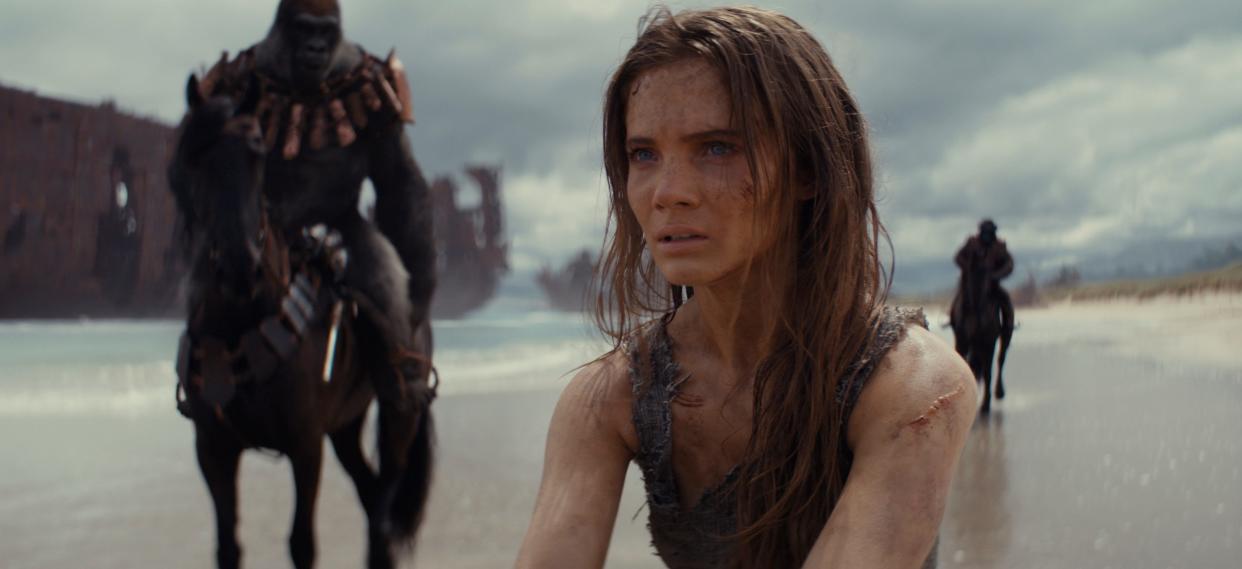 Freya Allan stars as Mae in "Kingdom of the Planet of the Apes." The movie has scenes that salute the original 1968 movie, such as the one with the actors walking on a beach.