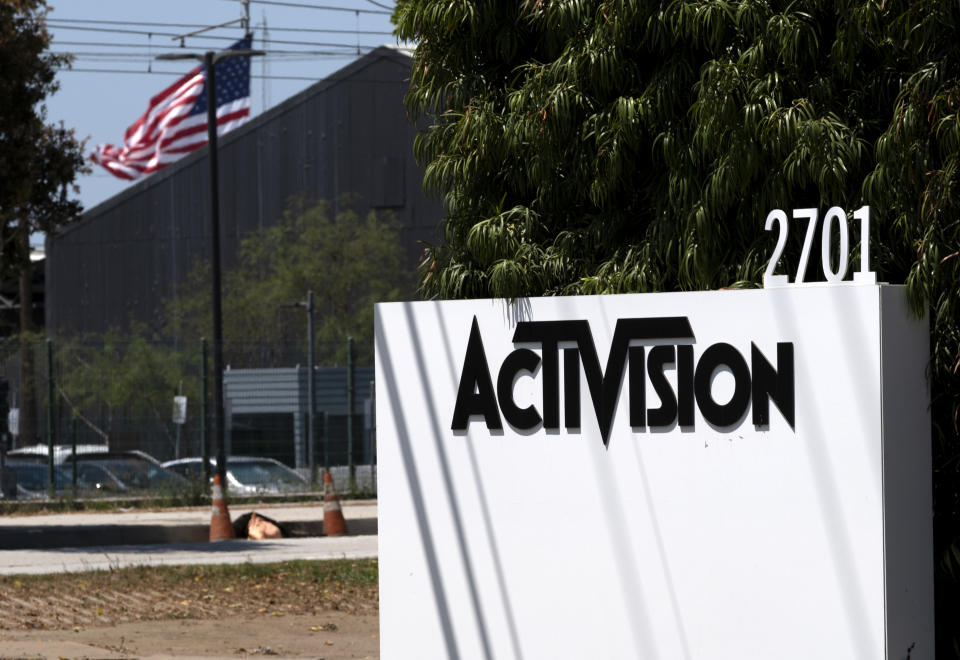 A sign is seen outside the Activision building in Santa Monica, Calif. on Wednesday, June 21, 2023. A federal judge has temporarily blocked Microsoft's planned $69 billion purchase of video game company Activision Blizzard. (AP Photo/Richard Vogel)