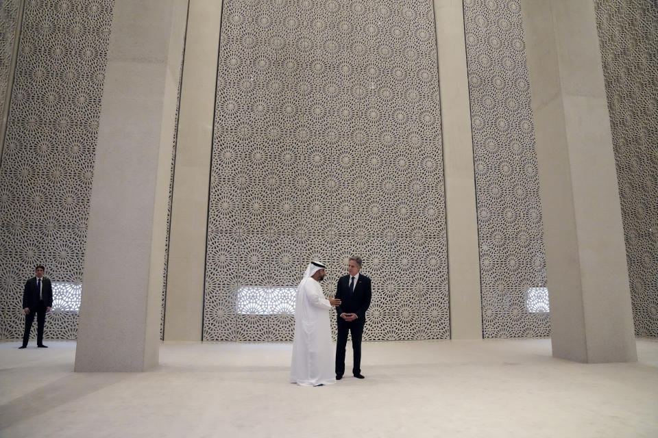 U.S. Secretary of State Antony Blinken tours the Imam Al-Tayeb Mosque at the Abrahamic Family House, in Abu Dhabi, United Arab Emirates, Saturday Oct. 14, 2023. (AP Photo/Jacquelyn Martin, Pool)
