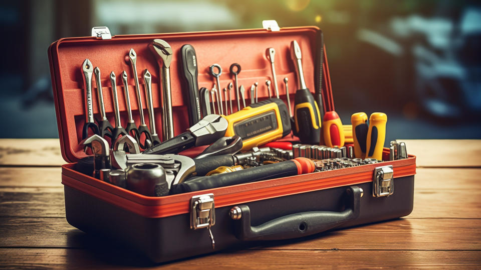 A toolbox filled with an array of different tools, representing the professional products of the company.