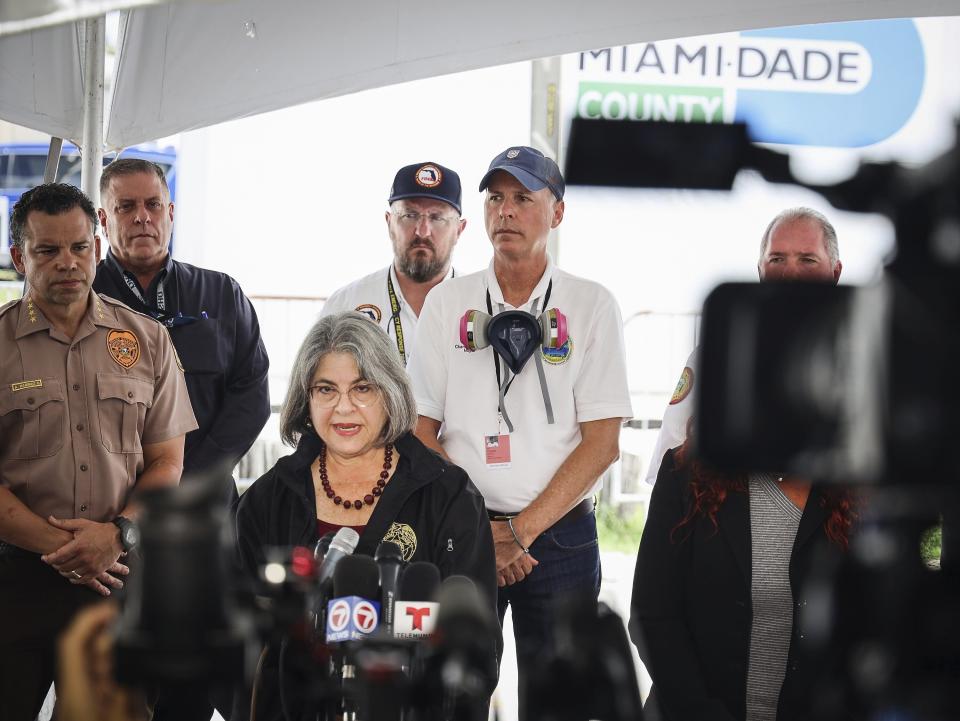 Miami-Dade mayor Daniella Levine Cava gives her remarks during the daily morning press conference outside the County's operational center on Sunday, July 11, 2021 in Surfside, Fla. Miami-Dade and Surfside mayors updated the media on the overnight and daily operational details after the partial collapse of the Champlain Towers South. (Carl Juste/Miami Herald via AP)