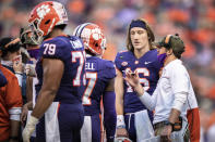 Clemson quarterback Trevor Lawrence (16) during the first half of an NCAA college football game Saturday, Nov. 28, 2020, in Clemson, S.C. (Ken Ruinard/The Independent-Mail via AP, Pool)