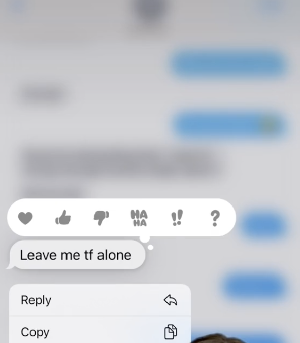 A text that says, "Leave me tf alone"