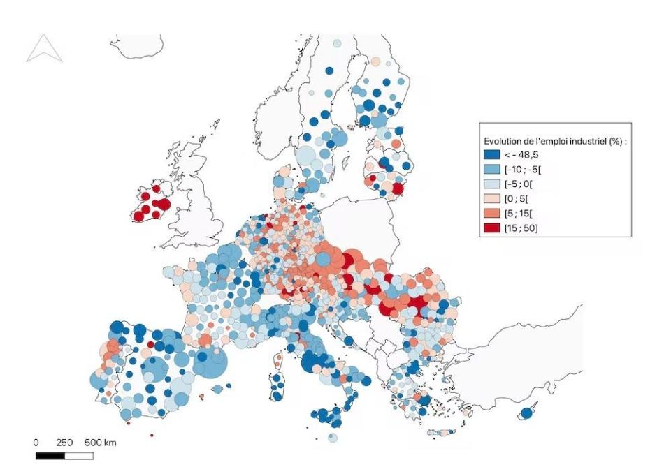 Carte 1 : Évolution de l’emploi industriel entre 2011 et 2016. Eurostat (2016-2019), réalisation des auteures (2022)