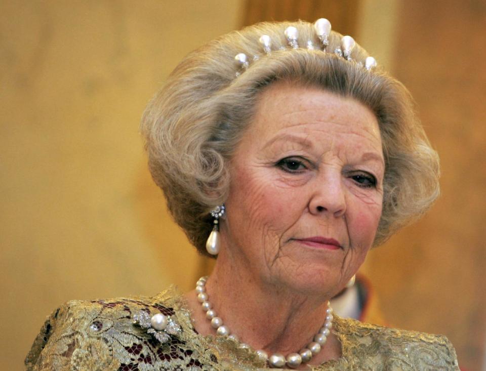 FILE - In a re-crop of this Monday Oct. 30, 2006 file photo, Dutch Queen Beatrix is seen during a state banquet in at Royal Palace Noordeinde in The Hague, Netherlands. The Dutch Queen announced her abdication in a prerecorded speech in The Hague, Netherlands, Monday Jan. 28, 2013. Beatrix, who turns 75 on Thursday, has ruled the nation of 16 million for more than 32 years and would be succeeded by her eldest son, Crown Prince Willem-Alexander. (AP Photo/Peter Dejong, File)