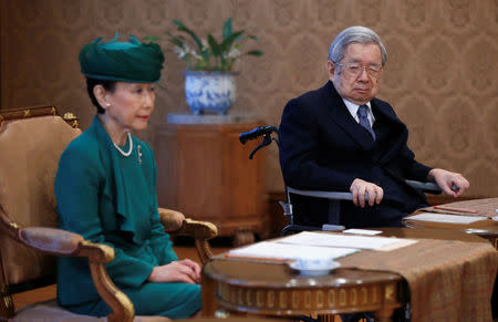 Japan's Prince Hitachi (R) and his wife Princess Hanako attend a meeting of the Imperial Household Council to discuss the timeline for the abdication of Japan's Emperor Akihito at the Imperial Household Agency in Tokyo, Japan December 1, 2017. REUTERS/Toru Hanai