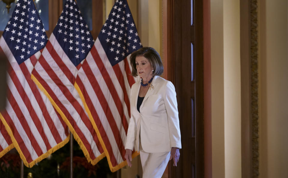 Speaker of the House Nancy Pelosi, D-Calif., arrives to make a statement at the Capitol in Washington, Thursday, Dec. 5, 2019. Pelosi announced that the House is moving forward to draft articles of impeachment against President Donald Trump. (AP Photo/J. Scott Applewhite)