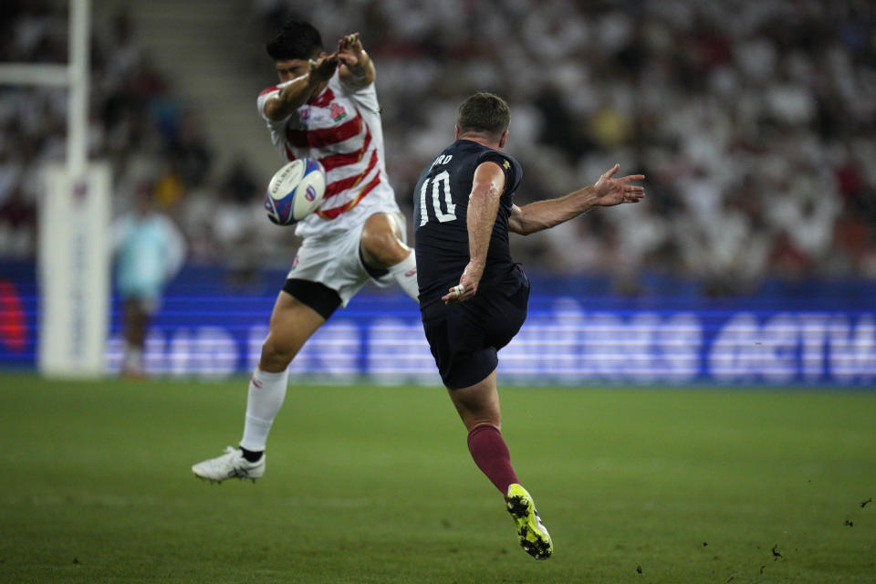 Japan's Rikiya Matsuda charges down a kick from England's George Ford during the Rugby World Cup Pool D match between England and Japan in the Stade de Nice, in Nice, France Sunday, Sept. 17, 2023. (AP Photo/Daniel Cole)