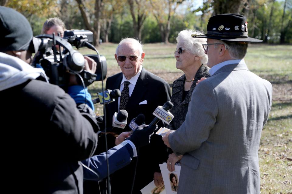 Nov 29, 2023; Plains, GA, USA; Robert and Betty Moss talk with the media after attending the funeral service for former first lady Rosalynn Carter on Wednesday, November 29, 2023 at Maranatha Baptist Church. Rosalynn Carter died Sunday, Nov. 19, 2023 at her home in Plains, Ga. at the age of 96.. Mandatory Credit: Richard Burkhart-USA TODAY