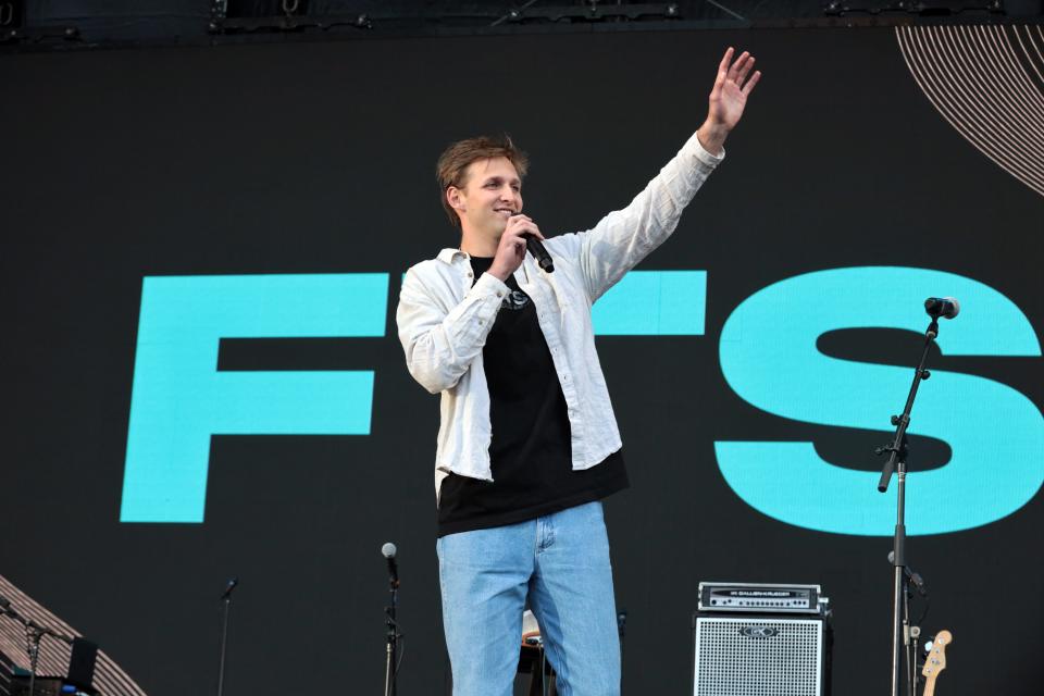 "Fill The Stadium" event organizer Josh Robinson speaks before the event on April 29, 2023 at Gaylord Family-Oklahoma Memorial Stadium in Norman, Okla.   The  and Nathan Wong. [Steve Sisney/For The Oklahoman]