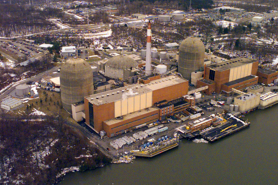 FILE - This Feb 16, 2000, file photo shows the Indian Point Energy Center, in Buchanan, N.Y. Indian Point will permanently stop producing nuclear power Friday, April 30, 2021, capping a long battle over a key source of electricity for nearby New York City that opponents called a safety threat to millions in the densely packed metropolitan region. (AP Photo/Ed Bailey, File)