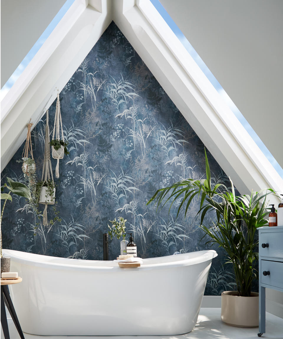 Elevate a loft bathroom with blue botanicals