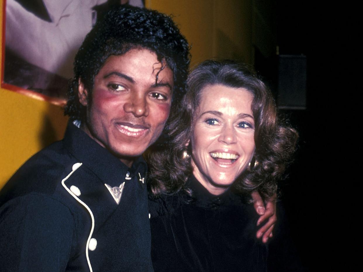 Michael Jackson and Jane Fonda, pictured here celebrating the "Thriller" album becoming certified platinum in 1983, once skinny-dipped together.