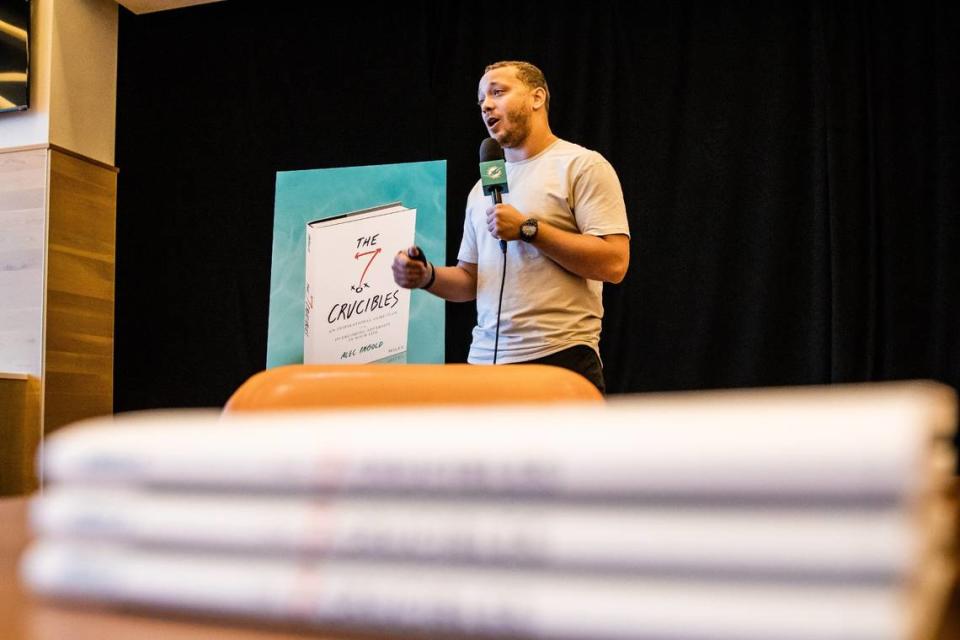 Alec Ingold speaks to staff about his new book “The Seven Crucibles” on Monday, Feb. 6, 2023 at the Hard Rock Stadium in Miami Gardens, Fla. (Tomas Diniz Santos/Miami Dolphins)
