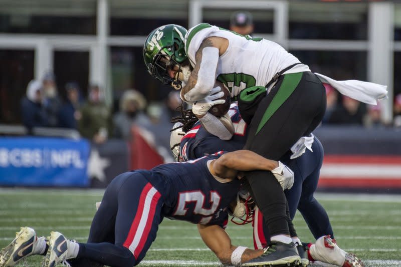 Tight end Tyler Conklin (R) and the New York Jets will battle a vulnerable Denver Broncos defense in Week 5. File Photo by Amanda Sabga/UPI