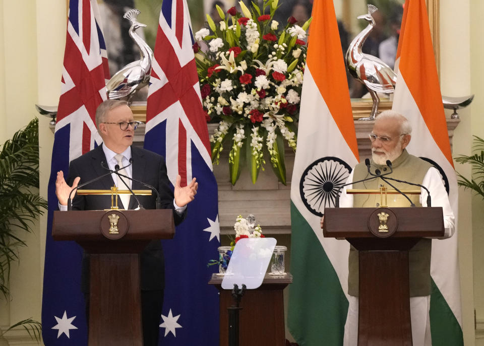 Indian Prime Minister Narendra Modi watches as his Australian counterpart Anthony Albanese makes a press statement, in New Delhi, India, Friday, March 10, 2023. (AP Photo/Manish Swarup)