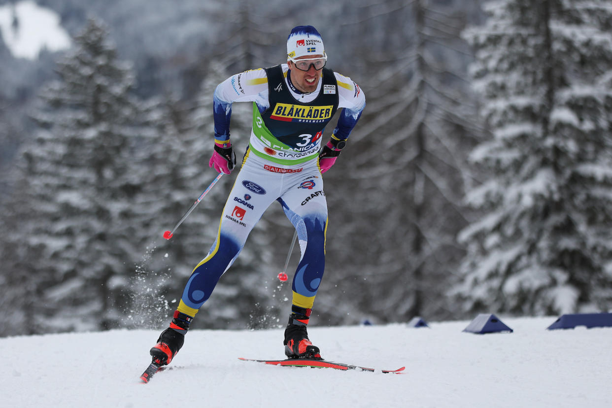 Calle Halfvarsson during a race in February. (Maja Hitij/Getty Images)