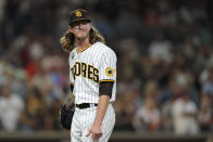 San Diego Padres relief pitcher Josh Hader leaves during the ninth inning of the team's baseball game against the San Francisco Giants, Tuesday, Aug. 9, 2022, in San Diego. (AP Photo/Gregory Bull)