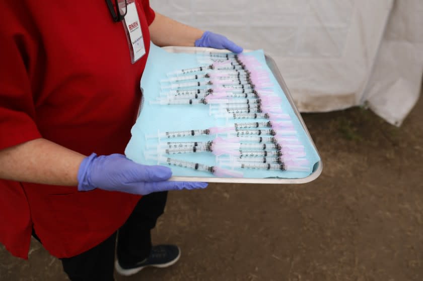 LOS ANGELES-CA-MARCH 22, 2021: A tray of vaccines at Kedren Community Health Center in South Los Angeles on Monday, March 22, 2021. (Christina House / Los Angeles Times)