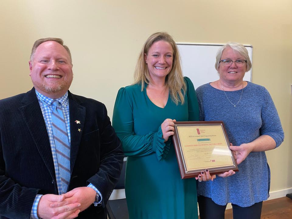 Rob Lesher, PA Forward program manager for the Pennsylvania Library Association, recognized Alexandra Sipe, former board member, and Karen Sourbier, adult programming specialist, for the ‘Plan Today for Tomorrow’ estate planning series at Alexander Hamilton Memorial Free Library in Waynesboro. The series received the PA Forward 2023 Financial Literacy of the Year Award.