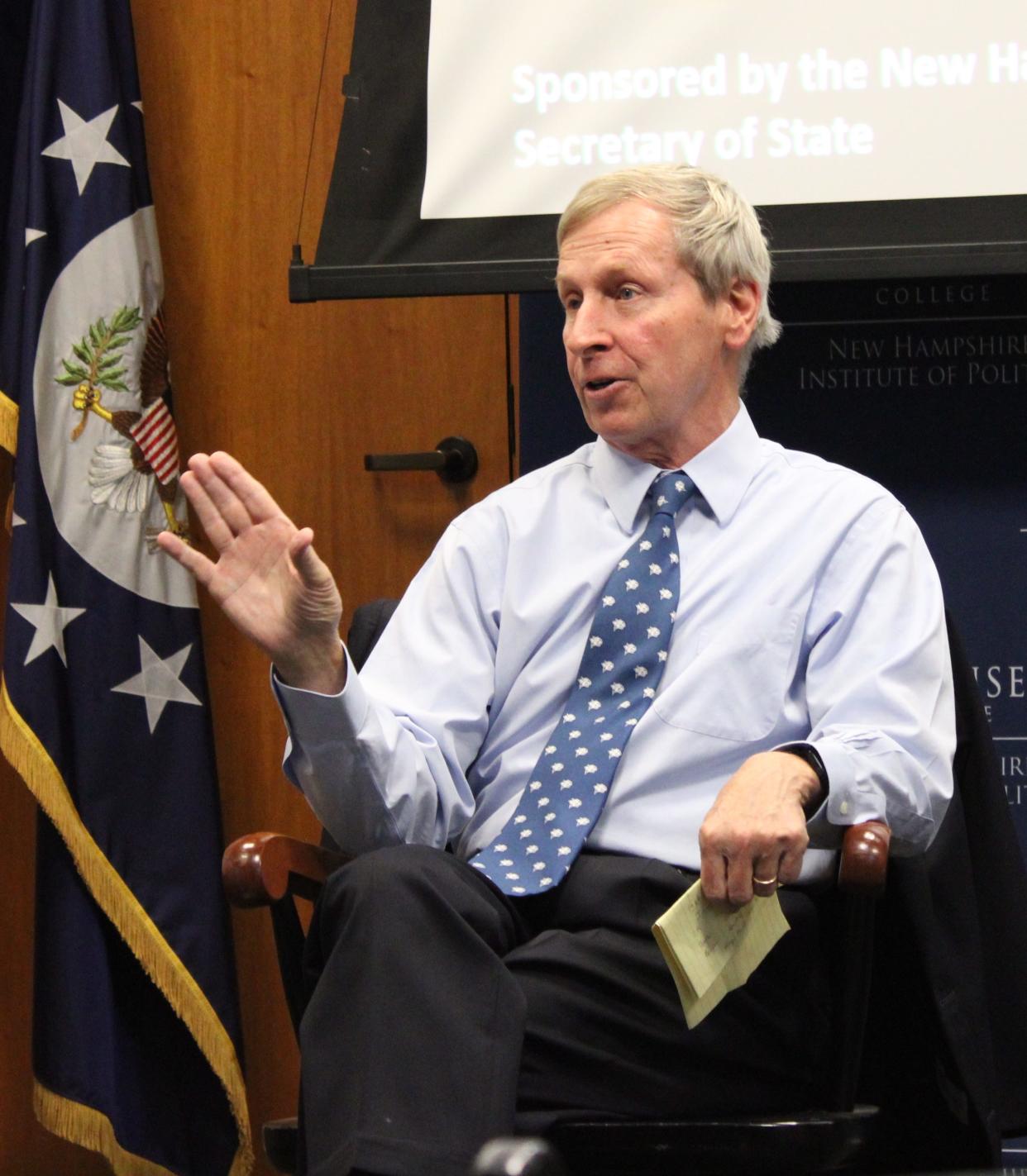 John Lynch, a Democrat and former governor of New Hampshire, weighs in on the upcoming New Hampshire primary Wednesday, Jan. 17, 2024 at Saint Anselm College.