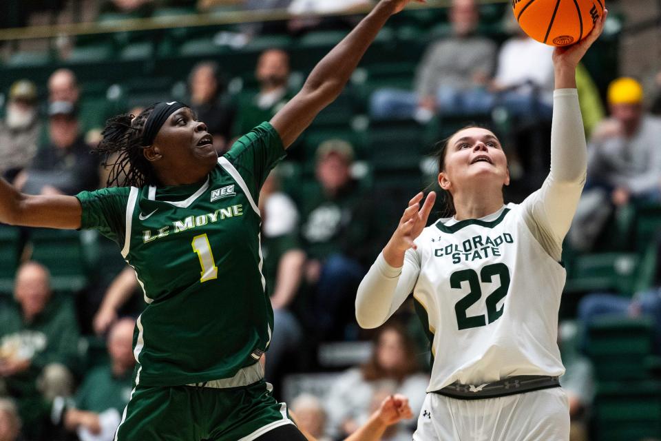 CSU's Cali Clark shoots during the Colorado State University women's basketball game vs. Le Moyne Dolphins at Moby Arena in Fort Collins on Monday.