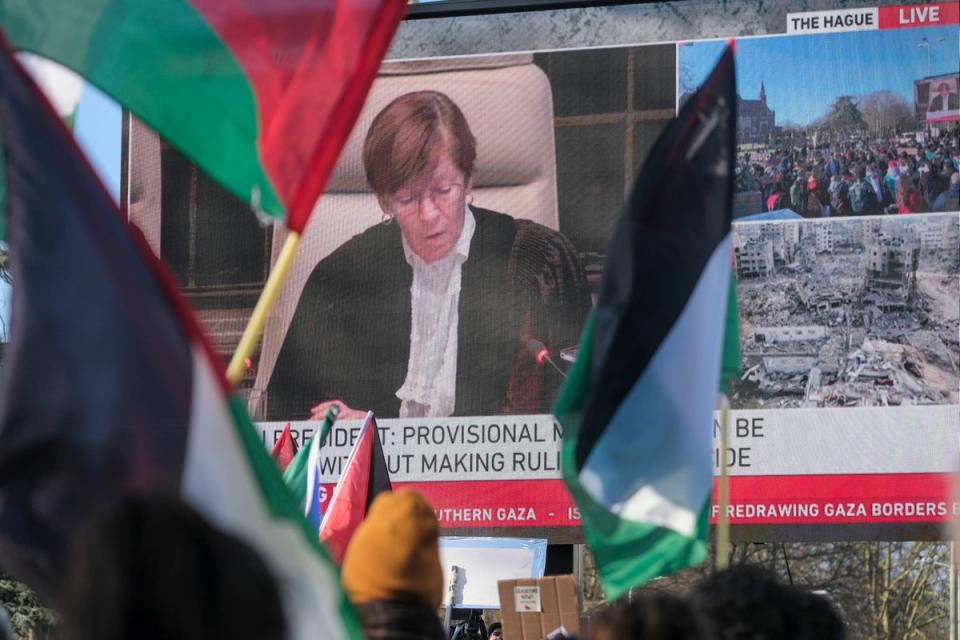 Pro-Palestinian activists wave flags during Friday’s session of the International Court of Justice (AP)