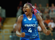 Isabelle Yacoubou #4 of France reacts against Brazil during Women's Basketball on Day 1 of the London 2012 Olympic Games at the Basketball Arena on July 28, 2012 in London, England. (Getty Images)