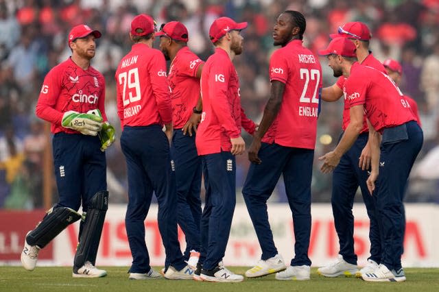 Archer, third right, has taken 13 wickets in five white-ball matches for England this year (Aijaz Rahi/AP)