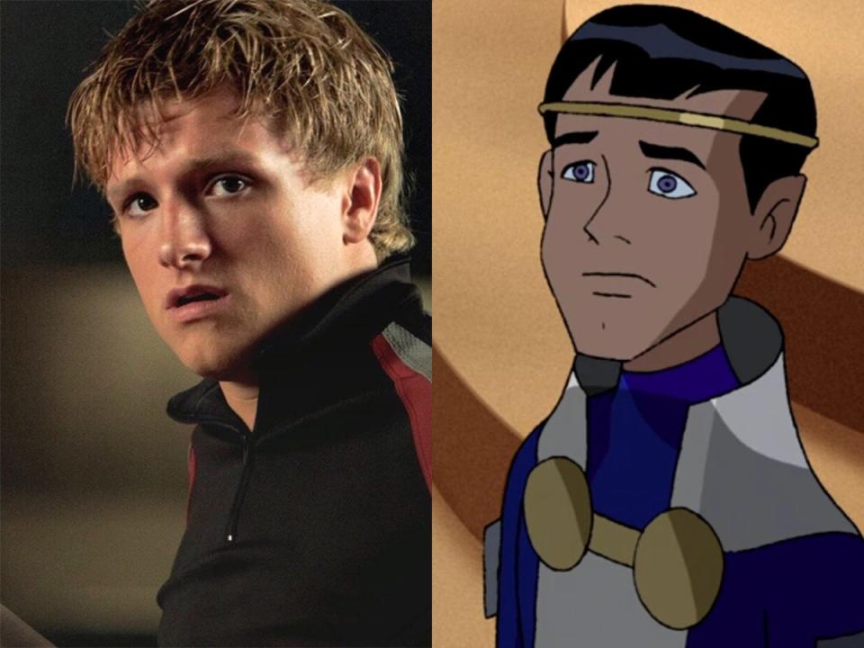 On the left: Josh Hutcherson as Peeta Mellark in "The Hunger Games." On the right: The animated character Van-El on the show "Justice League Unlimited."