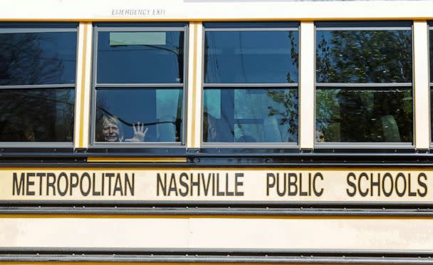 PHOTO: A child weeps while on a bus leaving The Covenant School, following a mass shooting at the school in Nashville, Tenn., Mar. 27, 2023. (Nicole Hester/USA Today Network via Reuters)