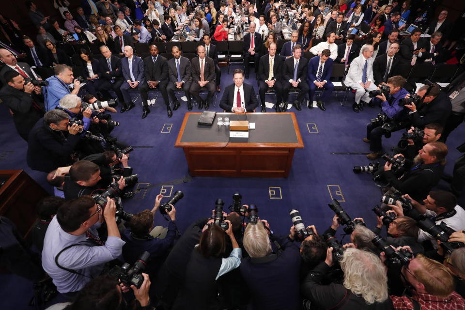 <p>James Comey, the dismissed FBI director, appears before the Senate Intelligence Committee on June 8, 2017, to testify about his encounters with President Donald Trump. (Photograph by Doug Mills/The New York Times) </p>