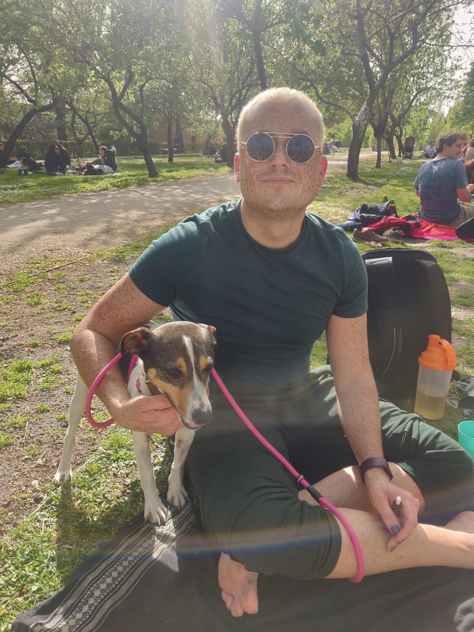 Andrew Gonsalves, pictured in his new home city Madrid with his adopted dog Steve, after fleeing the UK and Brexit for Spain, last yearAndrew Gonsalves