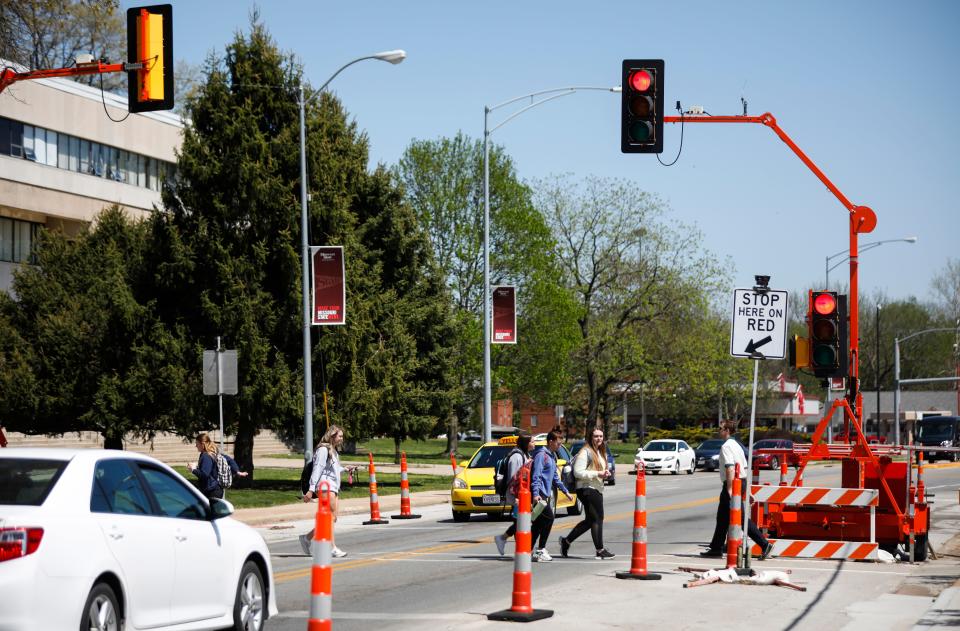 Missouri State students have been using a temporary crosswalk to access campus from parking lots along Grand Street near National Avenue during the project.