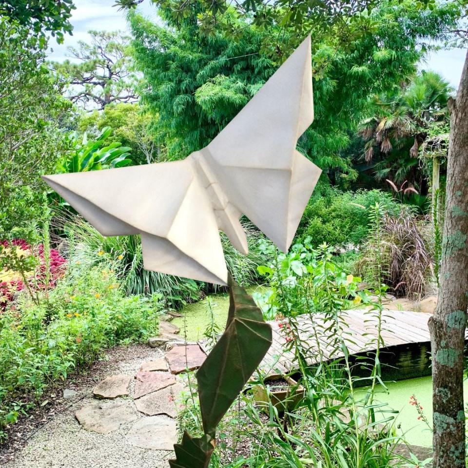 This sculpture, “Emerging Peace,” by Kevin Box at Mounts Botanical Garden,  is part of the “Origami in the Garden” exhibition.