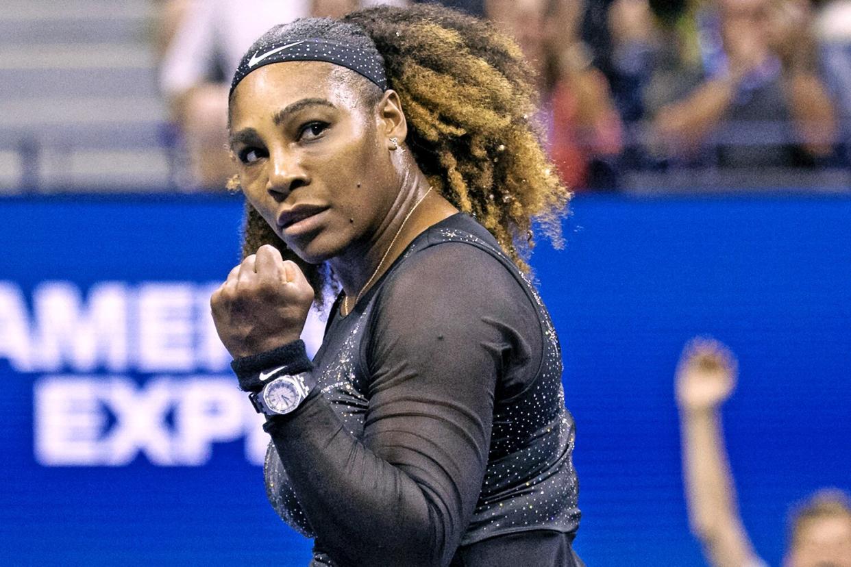 US player Serena Williams reacts after winning a point against Montenegro's Danka Kovinic during their 2022 US Open Tennis tournament women's singles first round match at the USTA Billie Jean King National Tennis Center in New York, on August 29, 2022. - Serena Williams was set to take center stage as the US Open got under way on August 29, 2022 with the 23-time Grand Slam winner preparing to bid an emotional farewell to tennis. (Photo by COREY SIPKIN / AFP) (Photo by COREY SIPKIN/AFP via Getty Images)