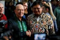 U.S. Commerce Secretary Wilbur Ross shakes hands with Indonesia's Chief Economic Minister Airlangga Hartarto after their meeting in Jakarta