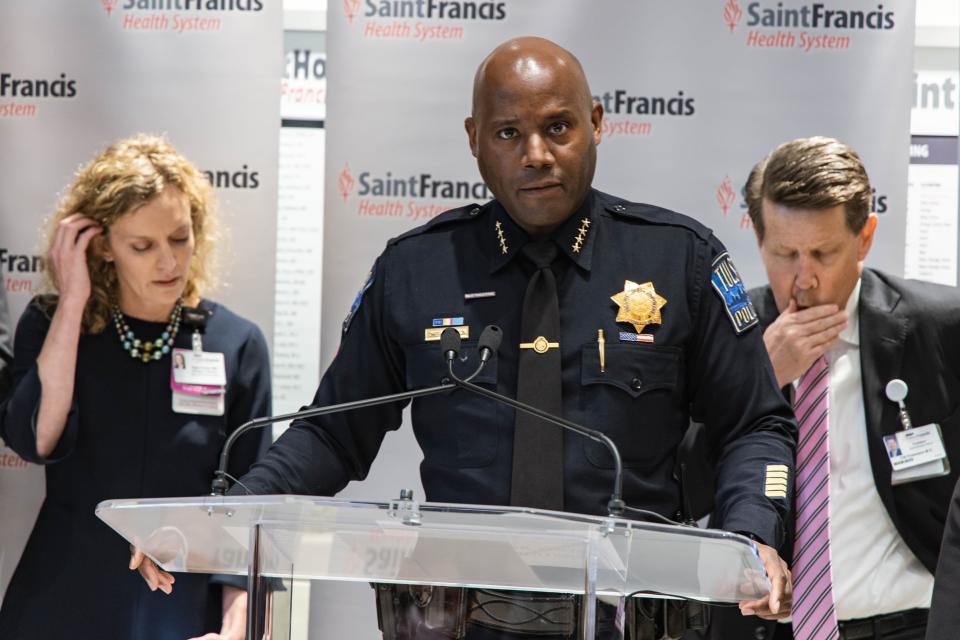 Tulsa Police Chief Wendell Franklin speaks Thursday at a news conference, a day after a gunman entered a medical facility and killed four on Wednesday on the Saint Francis Hospital campus in Tulsa.