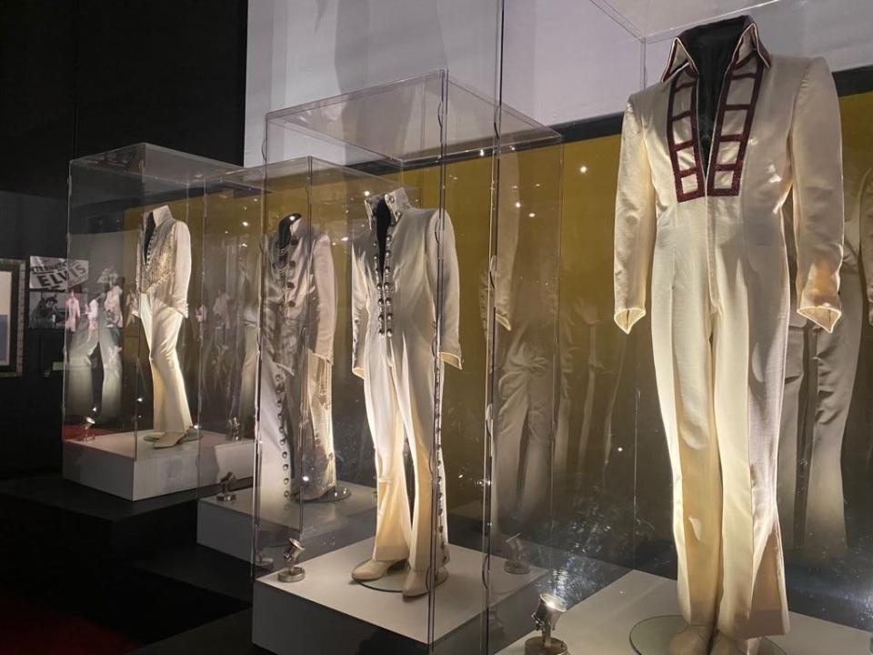 "Elvis: That's the Way It Is" jumpsuits are on display in the "Elvis: Dressed to Rock" exhibit at Elvis Presley's Memphis.  The exhibit features more than 100 jumpsuits, tunics, capes, belts, pieces of jewelry and pairs of sunglasses worn by the King of Rock 'n' Roll from 1969 to 1977.