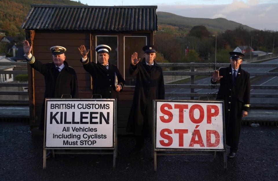 Protesters from Border Communities Against Brexit set up a mock customs post during a demonstration in November at Flurrybridge in Carrickcarnon calling on the Government not to trigger Article 16 (Brian Lawless/PA) (PA Wire)