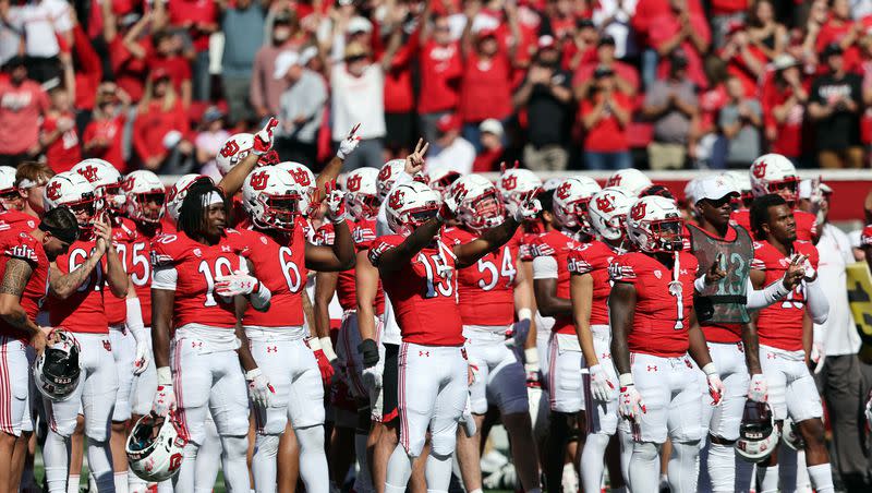 Utah Utes players honor two former players, Ty Jordan and Aaron Lowe, just before the start of the fourth quarter as Utah and Oregon State play at Rice Eccles Stadium in Salt Lake City on Saturday, Oct. 1, 2022. Utah won 42-16.